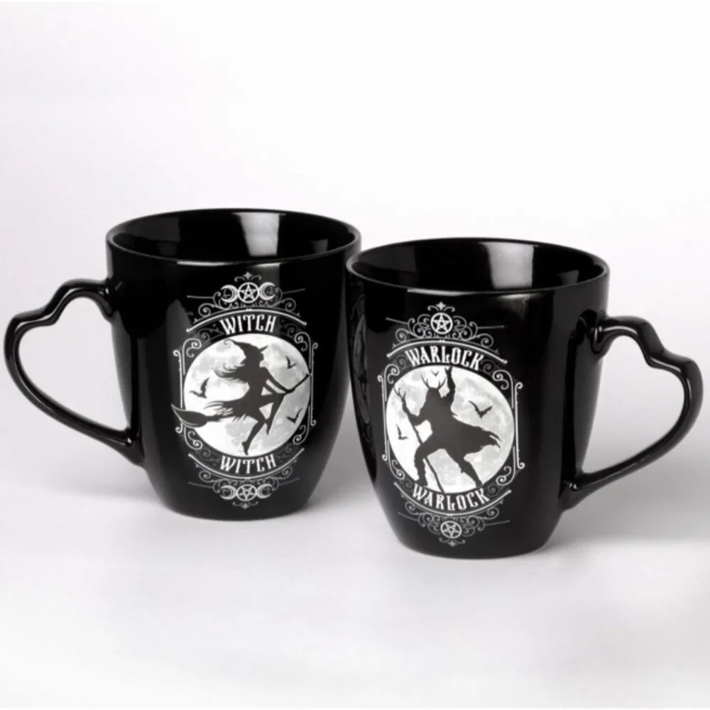 Alchemy Gothic ✦ Witch & Warlock Mug Set ✦ Black Fine Bone China Moon & Bat NWT